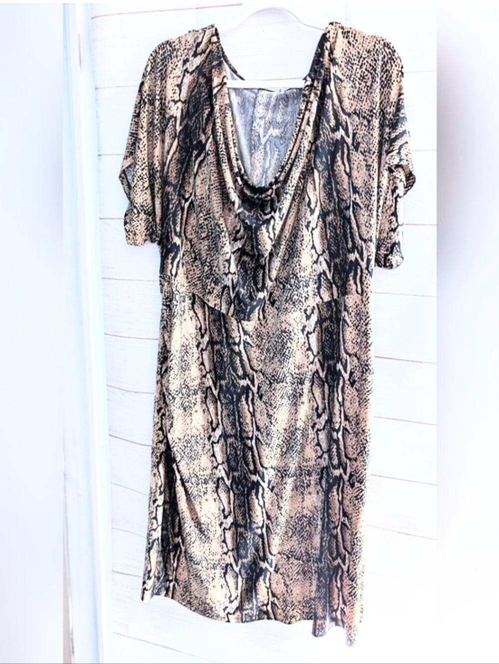Sexy Snake Print Cowl Neck Stretchy Dress in Brown and Black Size 2X
